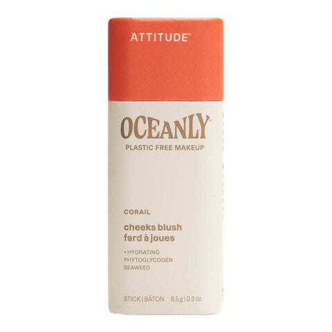 Oceanly plastic free blush stick - corail shade with orange cap on a white background.