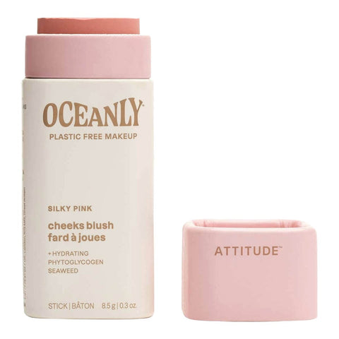 8.5g stick of Oceanly silky pink blush in cardboard packaging on a white background with the cap off. 