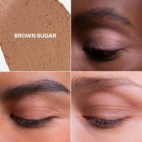 Close-up of brown sugar eyeshadow on skin with swatch and close-up of eye.