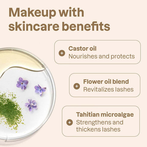 Makeup with skincare benefits featuring castor oil, flower oil blend, and Tahitian microalgae on a beige background.