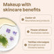 Makeup with skincare benefits featuring castor oil, flower oil blend, and Tahitian microalgae on a beige background.
