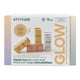 Attitude skincare product set packaging with 'GLOW' branding on a white background.