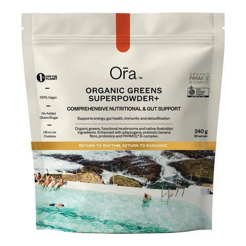 240g pouch of Ora Organic Greens Superpowder on a white background. Comprehensive nutritional & gut support. 