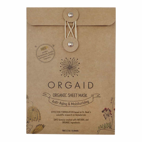 Kraft paper package of Orgaid organic sheet mask with branding and product details.
