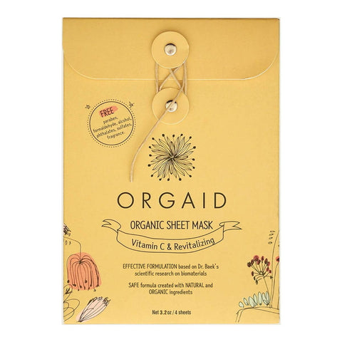 Orgaid organic sheet mask packaging with botanical illustrations on a yellow background.