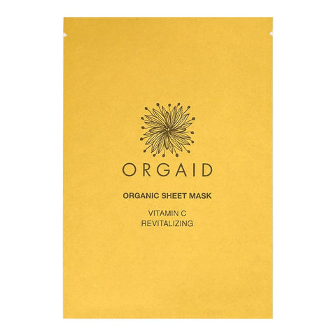 Yellow organic sheet mask packaging with 'Orgaid' branding on a white background.