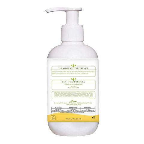 Back of intimate wash bottle with ingredients list and other highlights.