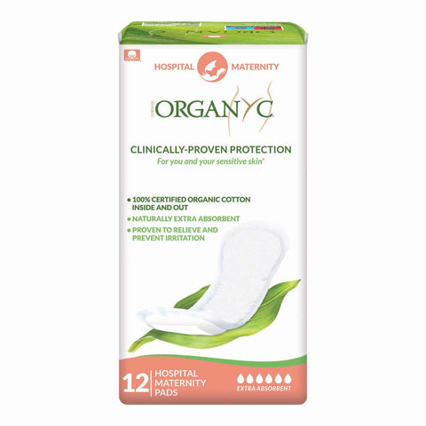 12 pack of hospital maternity pads - for the first few days postpartum. 100% organic cotton, extra absorbent, proven to relieve & prevent irritation.