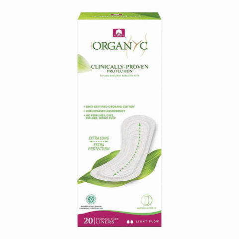 Box of Organyc Panty Liners - extra long design for light flow. 20 liners made with cotton for sensitive skin.