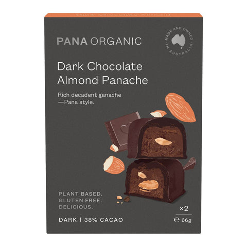 Pana Organic Dark Chocolate Almond Panache packaging on a white background. 38% cacao. Plant based. Gluten free. Delicious.