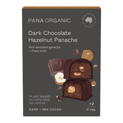 Pana Organic Dark Chocolate Hazelnut Panache packaging on a white background. 38% cacao. Plant based. Gluten free. Delicious.