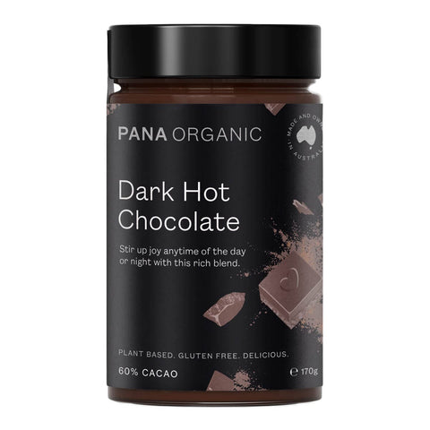 Pana Organic Dark Hot Chocolate jar on a white background. Plant based. Gluten free. Delicious.