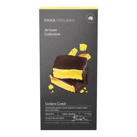 Pana Organic Golden Comb Snaps packaging on a white background. Plant based. Gluten free. Handmade.