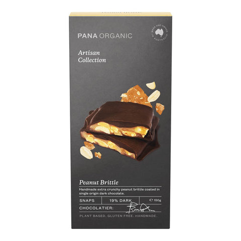 Pana Organic Peanut Brittle Snaps packaging on a white background. Plant based. Gluten free. Handmade.