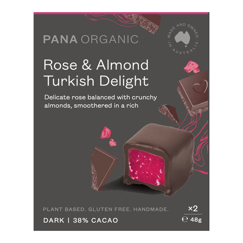Pana Organic Rose & Almond Turkish Delight packaging on a white background. Plant based. Gluten free. Handmade.