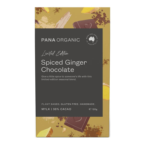 Pana Organic Spiced Ginger Chocolate packaging on a white background. Plant based. Gluten free. Handmade.