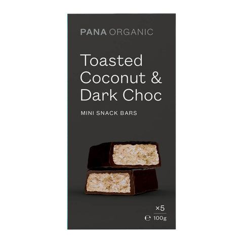 Pana Organic Toasted Coconut & Dark Choc mini snack bars packaging on a white background. 5 bars. 