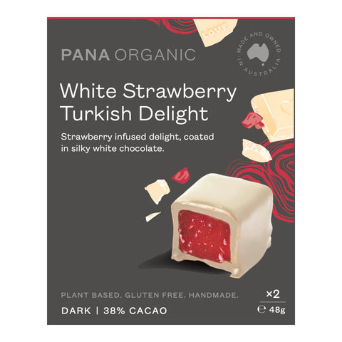 Pana Organic White Strawberry Turkish Delight packaging on a white background. Plant based. Gluten free. Handmade.
