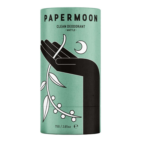 Papermoon Clean Deodorant - Wattle 75g stick with hand and wattle design on a green background.