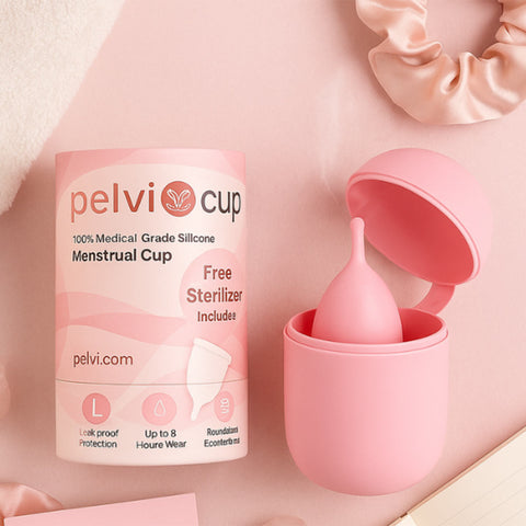 Pelvi Cup packaging with menstrual cup and sterilizer on a pink background