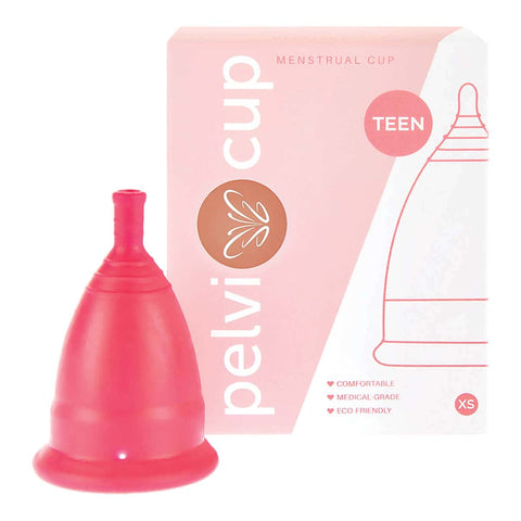 Menstrual cup with pink packaging featuring the brand 'pelvi' on a white background. Size teen.