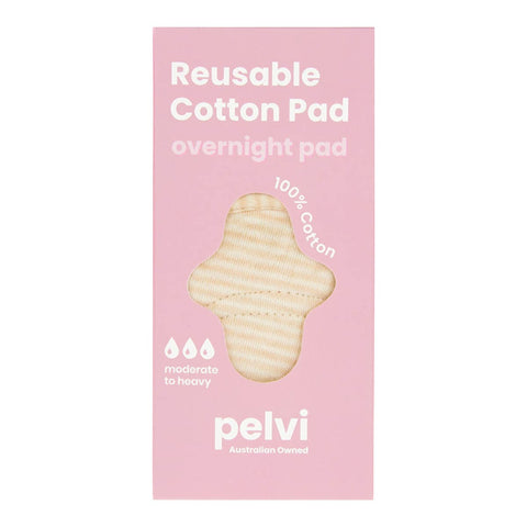 Pelvi Reusable Cotton Pad - Overnight in a pink cardboard box. For moderate to heavy flow, absorbs up to 60ml. Australian owned company.