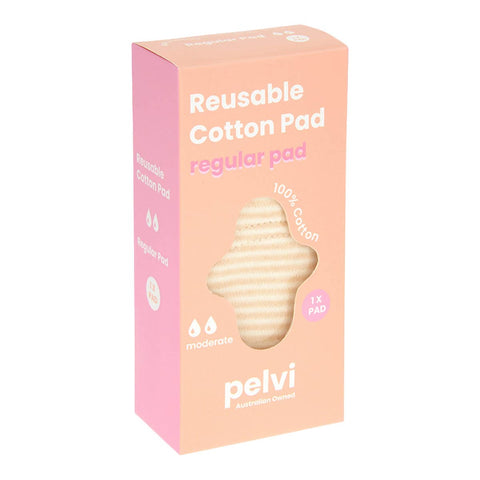 Box of reusable cotton pad with pink and peach design, featuring the brand 'pelvi'. 