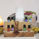 Collection of essential oil bottles and a diffuser on a wooden stand with a blurred background.