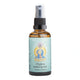 A 50 mL amber glass spray bottle of Perfect Potion Chakra Balancing Mist, featuring a light blue label with a seated deity illustration and a black spray nozzle.