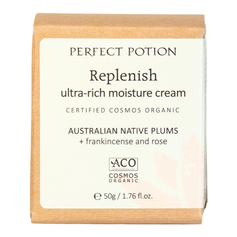 A 50g box of Perfect Potion Replenish ultra-rich moisture cream, featuring a natural cardboard box with a cream-coloured label detailing the Australian Native Plums, frankincense, and rose scent.