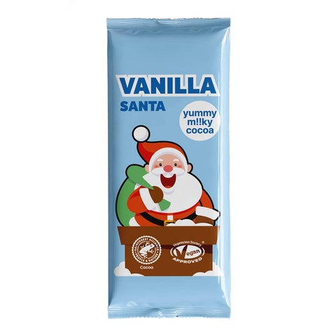 Vanilla Santa Vegan Chocolate Bar in a blue pack with an illustrated Santa.