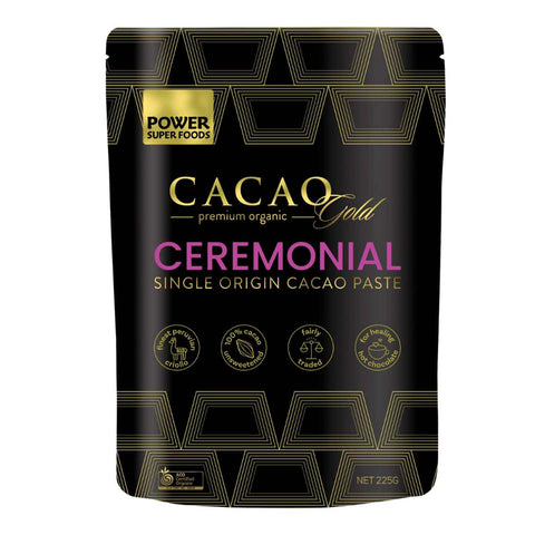 Cacao Gold Ceremonial single origin cacao paste packaging on a white background