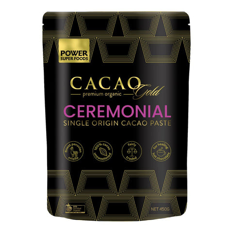 Cacao Gold ceremonial single origin cacao paste packaging on a white background