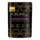 Cacao Gold Ceremonial packaging with gold and purple text on a black background
