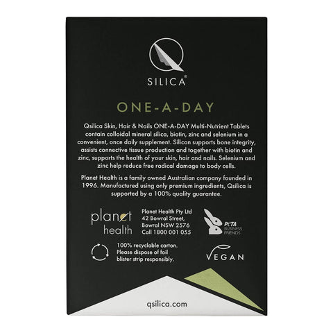 Back of Qsilica One-A-Day supplement packaging with branding and product details.