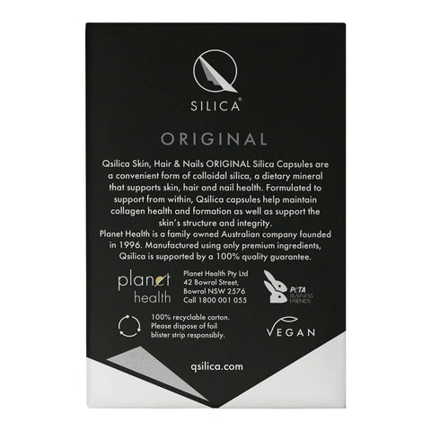 Back of Qsilica supplement packaging with brand information on a white background.