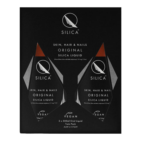 Qsilica Skin, Hair, and Nails supplement packaging on a white background.