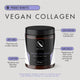 Vegan collagen product with benefits listed on a grey background.