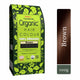 Organic hair colour package with brown hair sample and packaging details.