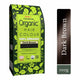 Organic hair colour package with green label and dark brown sample on a white background.
