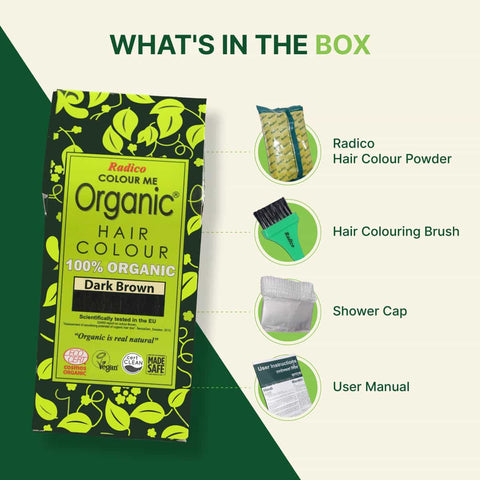 Radico Colour Me Organic Hair Colour packaging with product details on a green and white background.