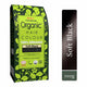 Organic hair colour package with green label and black hair sample on a white background.