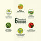 List of six beneficial herbs with images and names on a beige background.