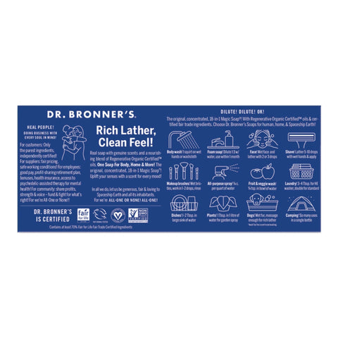 A blue rectangular informational panel for Dr. Bronner's, featuring the brand name at the top and multiple white line icons with text describing product benefits and care instructions.