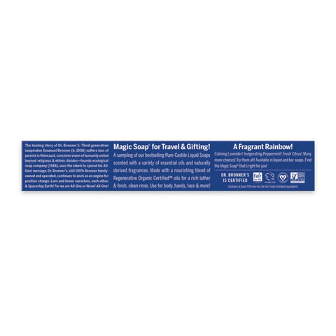 A long, narrow blue product label or packaging insert on a white background, with white text describing 'Magic Soap' and fragrance-related copy, plus certification logos at the bottom right.