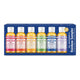 Dr. Bronner's Magic Soap Rainbow Sampler box containing six small bottles of soap in assorted scents: Scented Apple Cider, Lemon, Citrus, Mint, Peppermint, and Lavender, shown in a blue box on a white background.