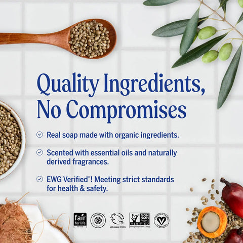 Advertisement for quality ingredients in soap with natural elements and certification logos.