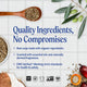 Advertisement for quality ingredients in soap with natural elements and certification logos.
