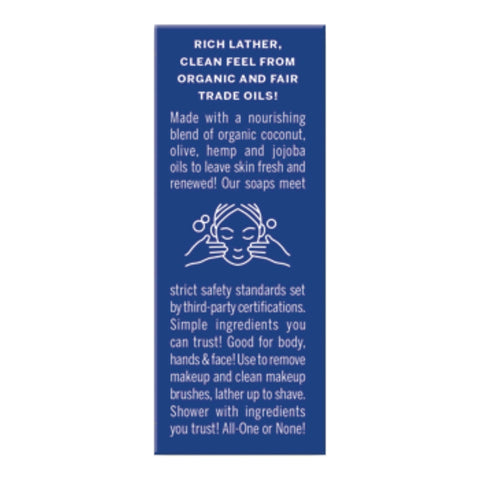 A tall blue rectangular product information card with white text and a simple line drawing of a face being washed, centered on a white background.