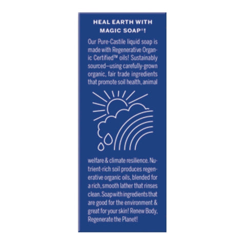 A tall, narrow blue product card or label with white text and a simple sun-and-cloud illustration, centered on a light gray background. The visible text reads 'HEAL EARTH WITH MAGIC SOAP!' and describes the soap's regenerative organic oil blend and environmental benefits.